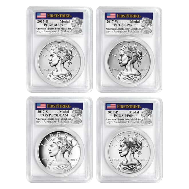 2017 American Liberty 225th Anniversary Silver 4-Medal Set PCGS MS/SP/PF 69 FS