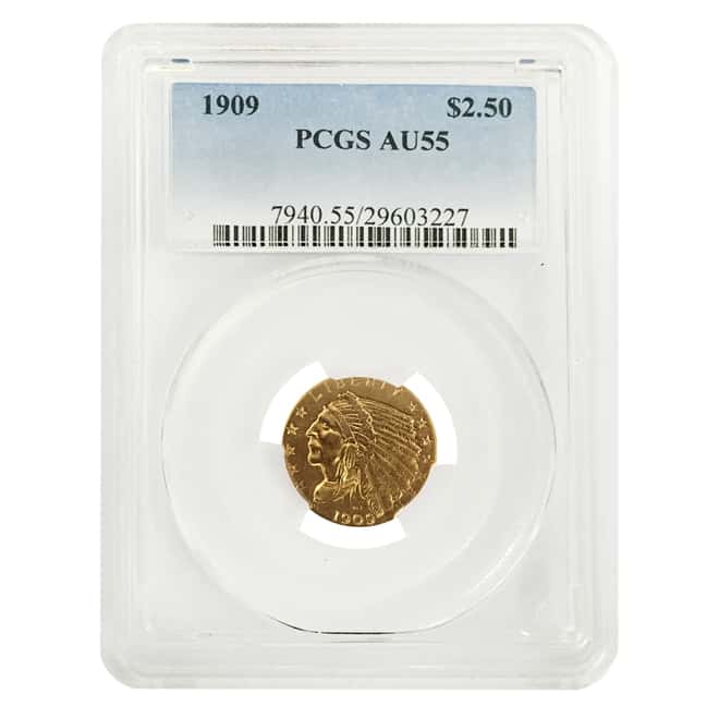 1909 $2.5 Indian Head Gold Quarter Eagle Coin PCGS AU 55