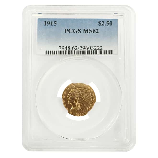 1915 $2.5 Indian Head Quarter Eagle Gold Coin PCGS MS 62