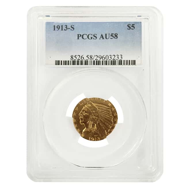 1913 S $5 Indian Head Half Eagle Gold Coin PCGS AU 58