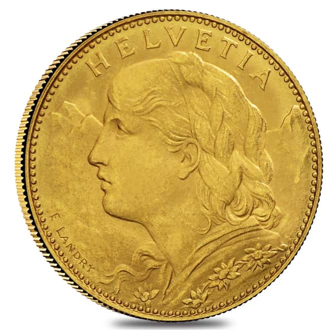 10 Francs Gold Swiss Helvetia Vreneli AGW .0933 oz AU/BU (1911-1922, Random Year)