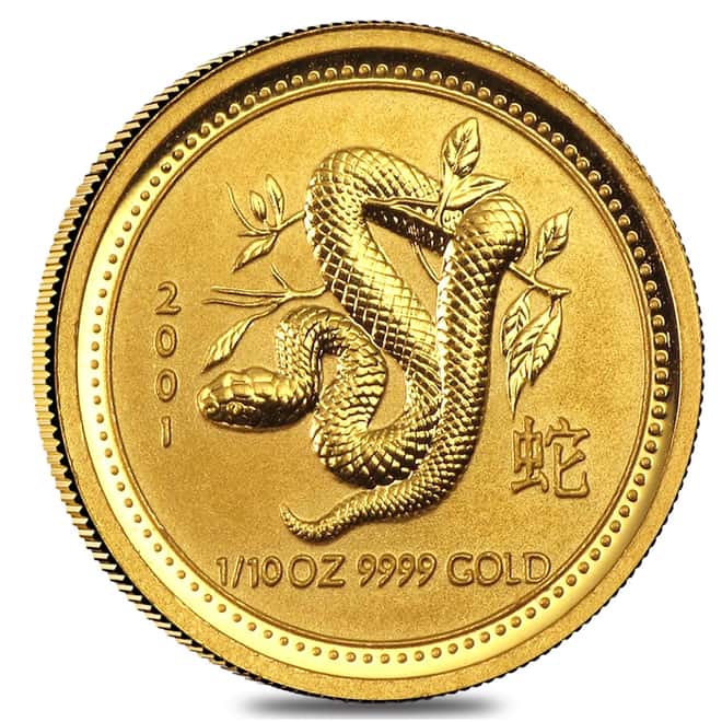 2001 1/10 oz Gold Lunar Year of The Snake BU Australia Perth Mint In Cap