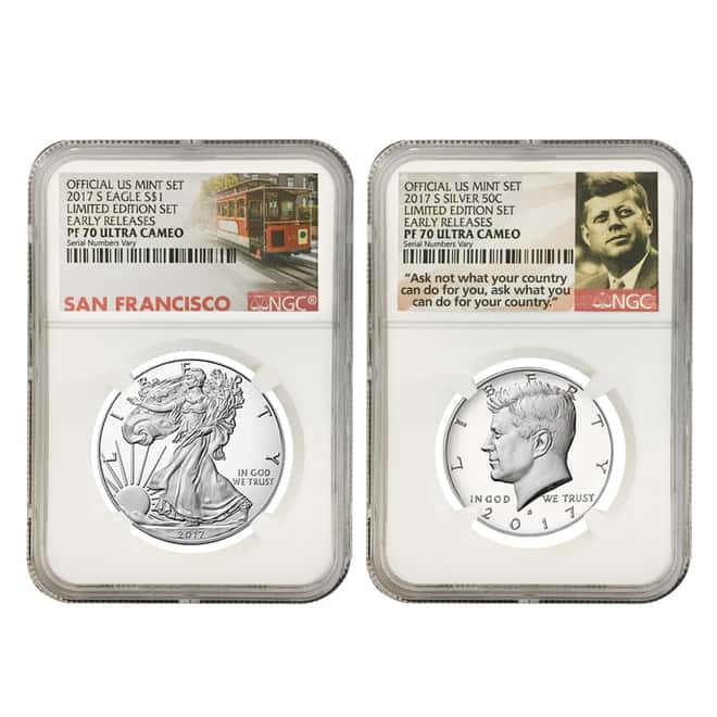 2017 S Proof Silver American Eagle/Kennedy Half Dollar Limited Edition NGC PF 70 ER (Trolley&Kennedy Label) 