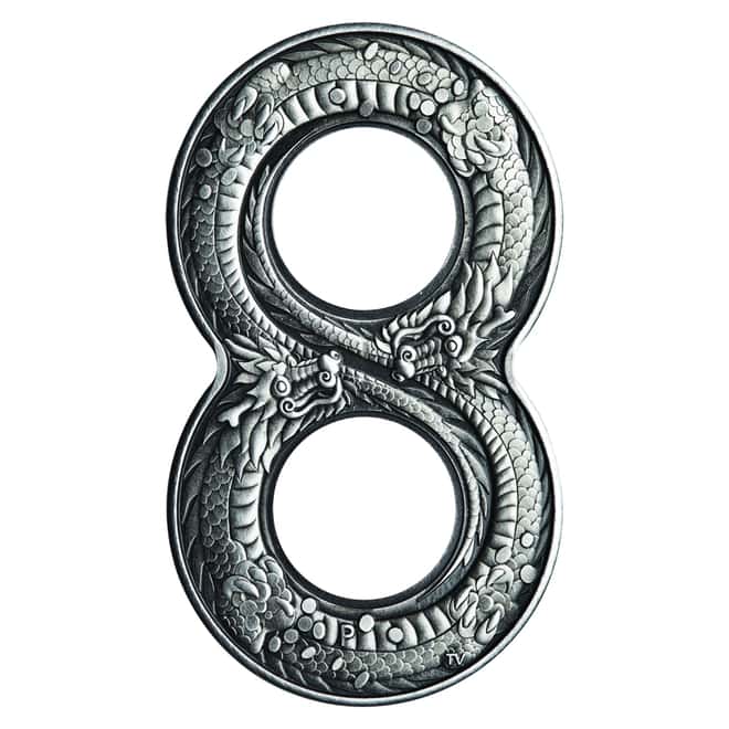 2018 2 oz Silver Antiqued Coin Figure Eight Dragon (w/Box & COA)
