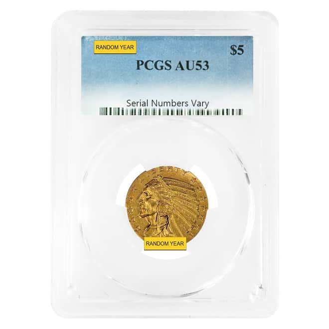$5 Gold Half Eagle Indian Head PCGS AU 53 (Random Year)