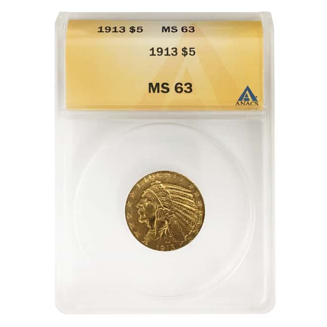 1913 $5 Indian Head Half Eagle Gold Coin ANACS MS 63