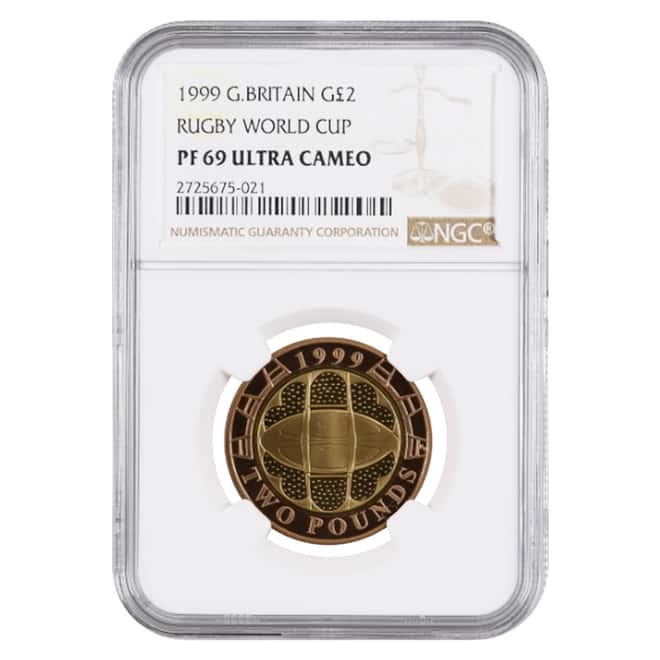 1999 Great Britain Proof Gold 2 Pounds Rugby World Cup NGC PF 69 UCAM
