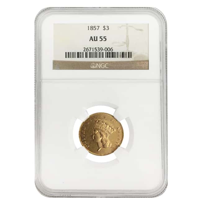1857 $3 Indian Princess Head Gold Coin NGC AU 55