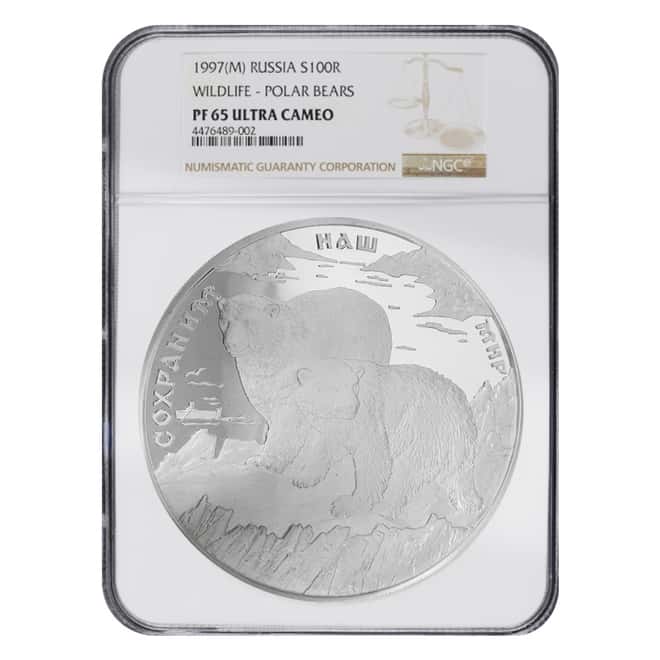 1997 Russia 1 Kilo Silver Polar Bears - Wildlife Series 100 Roubles Proof Coin NGC PF 65 UCAM