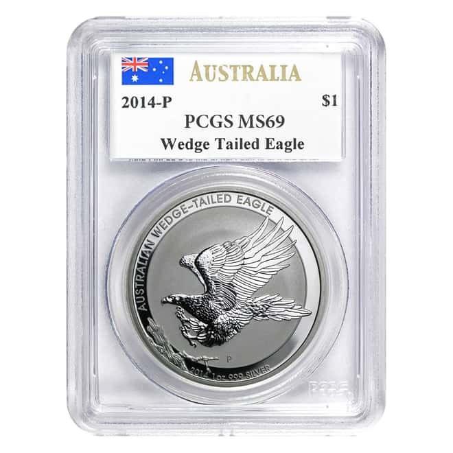2014 1 oz Silver Australian Wedge-Tailed Eagle Perth Mint PCGS MS 69 (J. Mercanti Signature Label)