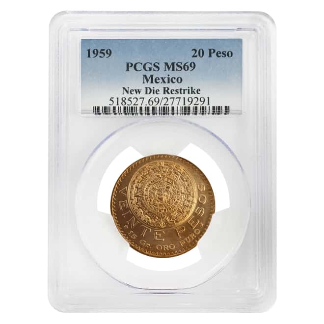 1959 Mexico 20 Pesos Gold Coin Restrike PCGS MS 69
