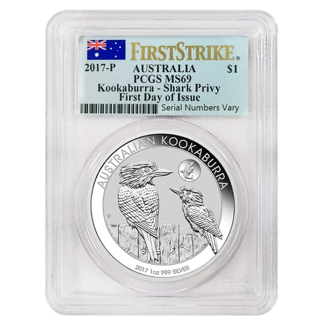 2017 1 oz Silver Australian Kookaburra Shark Privy Perth Mint PCGS MS 69 First Day of Issue (Flag Label)