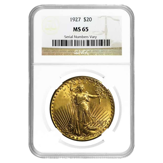 1927 $20 Gold St. Gaudens Double Eagle Coin NGC MS 65