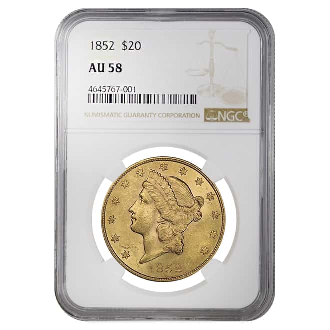 1852 $20 Liberty Head Double Eagle Gold Coin NGC AU 58