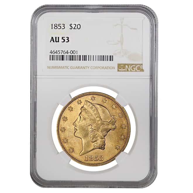 1853 $20 Liberty Head Double Eagle Gold Coin NGC AU 53