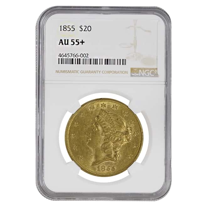 1855 $20 Liberty Head Double Eagle Gold Coin NGC AU 55+