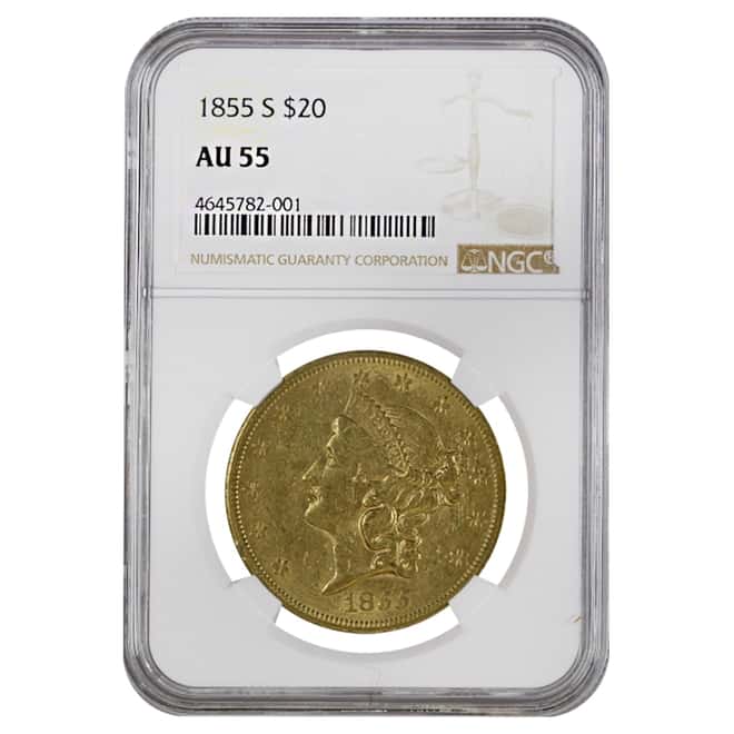 1855 S $20 Liberty Head Double Eagle Gold Coin NGC AU 55