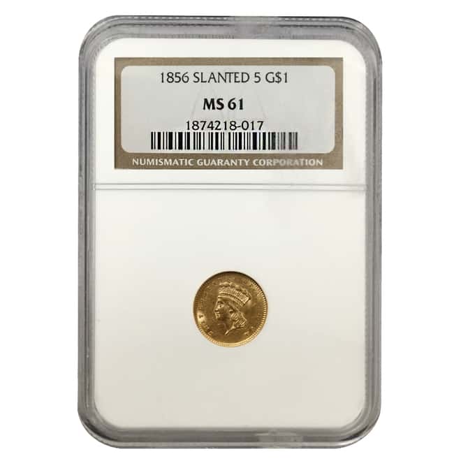 1856 Slanted 5 $1 Gold Indian Princess Head Coin NGC MS 61