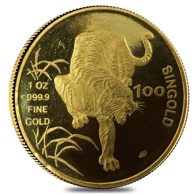 1986 1 oz Singapore 100 Singold Year of the Tiger Gold Proof-Like Coin (Damaged)