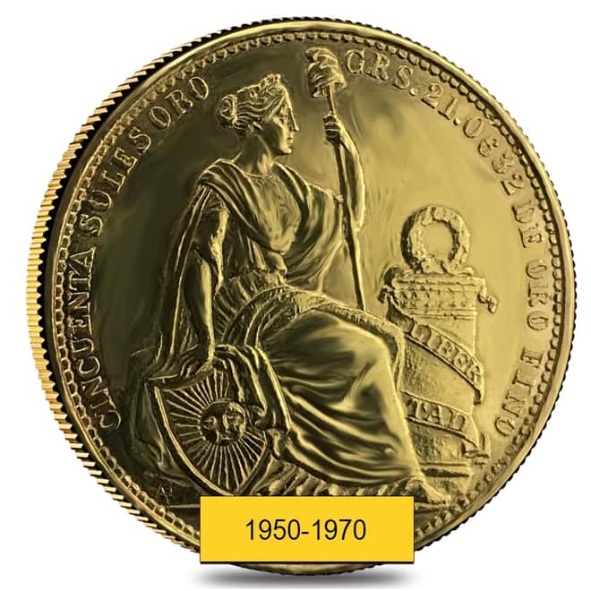 Peru 50 Soles Gold Coin AGW .6772 oz Cleaned (Random Year, 1950-1970)