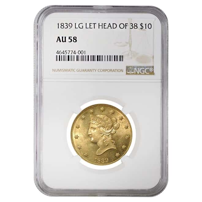 1839 $10 Liberty Head Gold Eagle Coin Lrg Let Head of 38 NGC AU 58