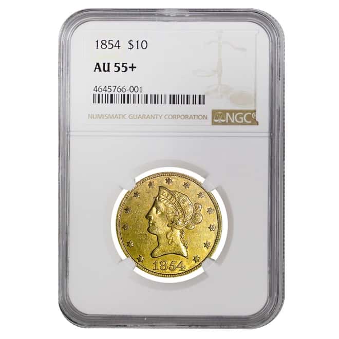 1854 $10 Liberty Head Gold Eagle Coin NGC AU 55+
