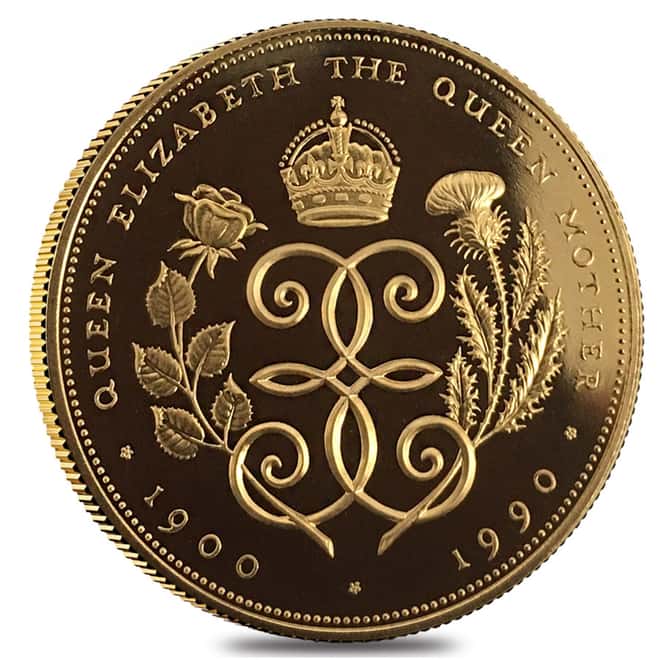 1990 Great Britain 5 Pounds Queen Mother Proof Gold Coin AGW 1.1775 oz (In Cap)