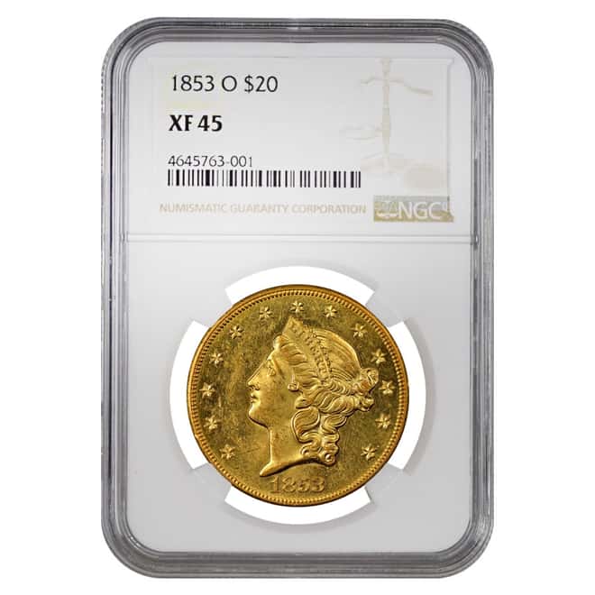 1853 O $20 Liberty Head Double Eagle Gold Coin NGC XF 45