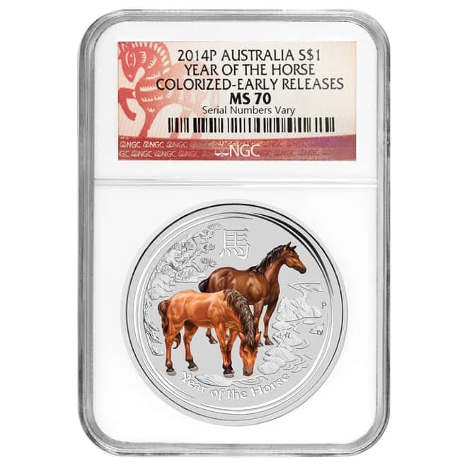 2014 1 oz Australian Silver Lunar Year of the Horse Colorized Coin NGC MS 70 Early Releases