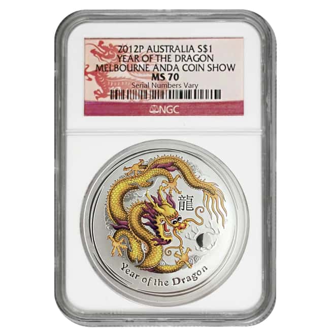 2012 1 oz Australian Silver Lunar Year of the Dragon Colorized Coin NGC MS 70
