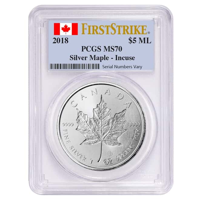 2018 1 oz Silver Canadian Incused Maple Leaf PCGS MS 70 First Strike
