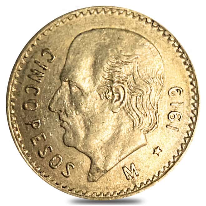 1919 Mexico 5 Pesos Gold Coin AU/BU AGW .1206 oz