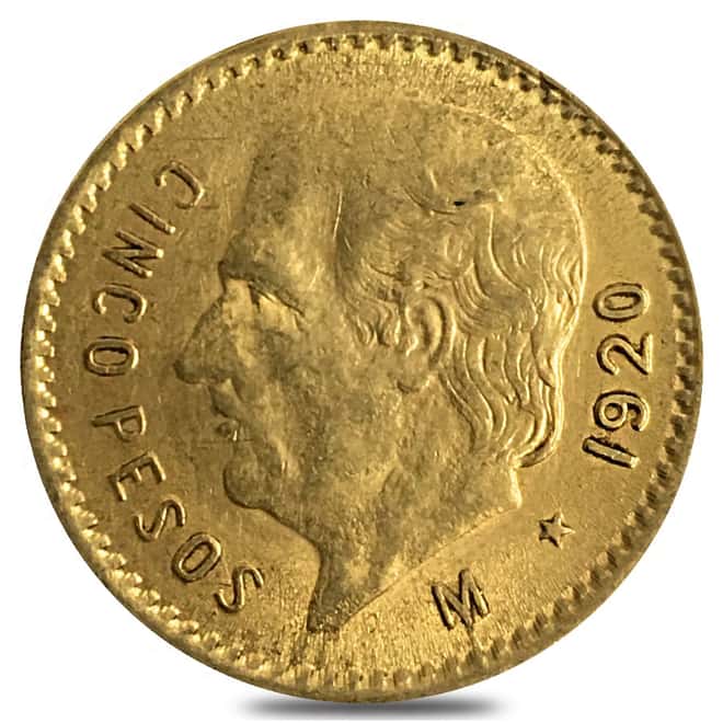 1920 Mexico 5 Pesos Gold Coin XF/AU AGW .1206 oz