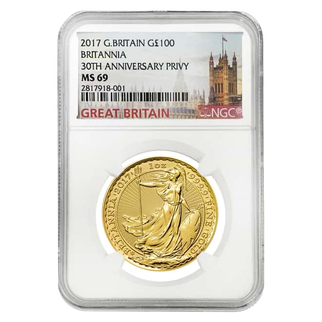 2017 Great Britain 1 oz Gold Britannia 30th Anniversary Privy NGC MS 69