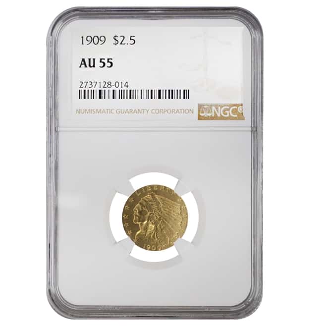 1909 $2.5 Indian Head Gold Quarter Eagle Coin NGC AU 55