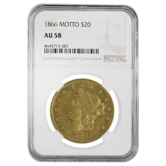 1866 $20 Liberty Head Double Eagle Gold Coin Motto NGC AU 58
