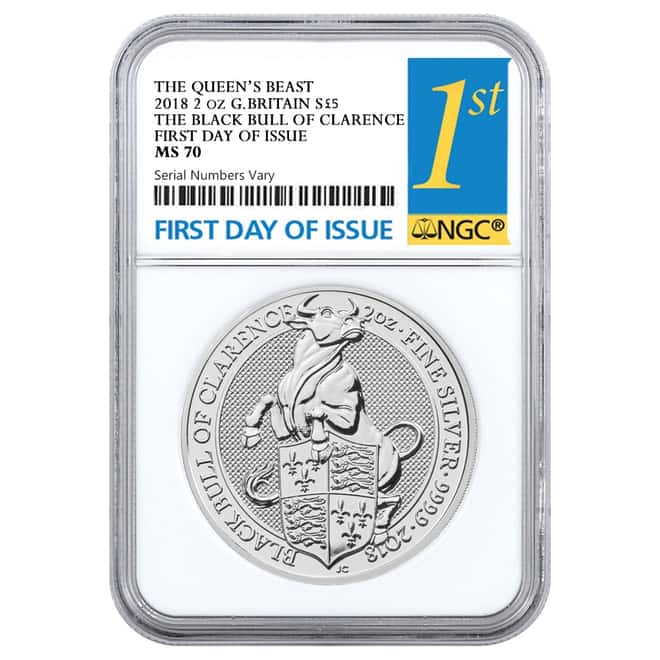 2018 Great Britain 2 oz Silver Queen's Beast (Black Bull) Coin NGC MS 70 FDOI