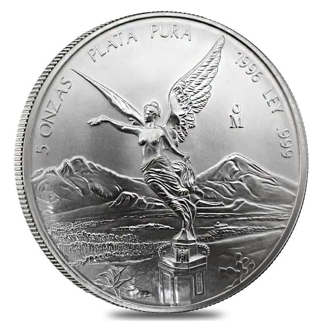 1996 5 oz Mexican Silver Libertad Coin .999 Fine BU