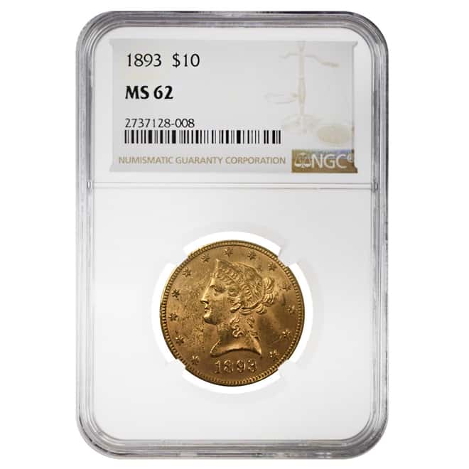 1893 $10 Liberty Head Gold Eagle Coin NGC MS 62