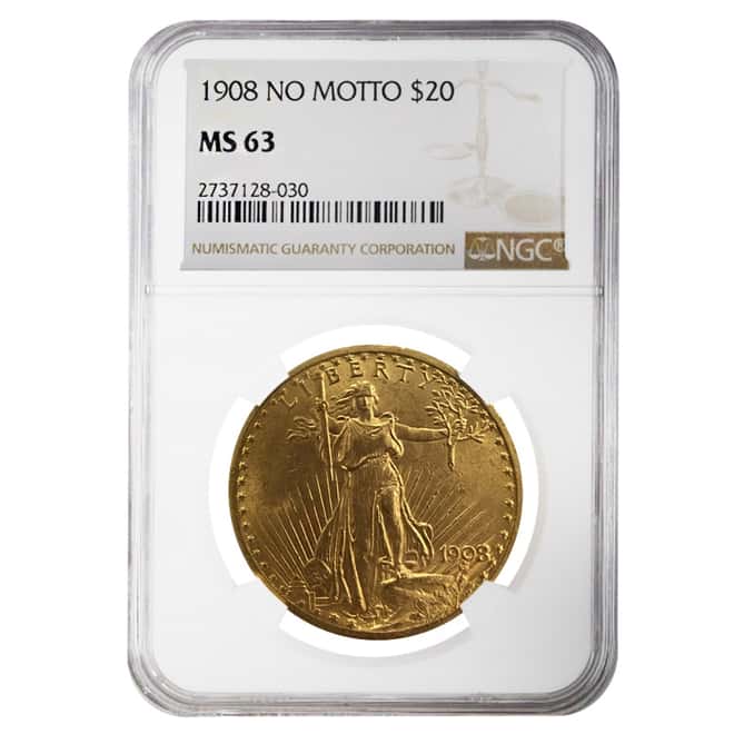 1908 $20 Gold Saint Gaudens Double Eagle Coin No Motto NGC MS 63