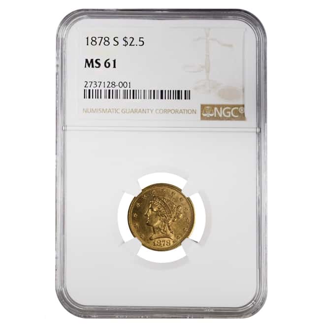1878 S $2.5 Liberty Head Gold Quarter Eagle Coin NGC MS 61