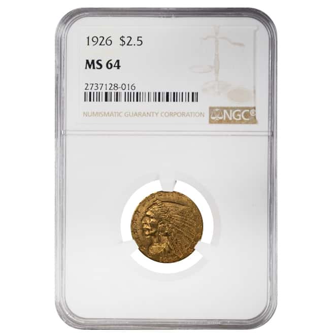1926 $2.5 Indian Head Gold Quarter Eagle Coin NGC MS 64