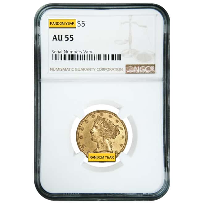 $5 Gold Half Eagle Liberty Head NGC AU 55 (Random Year)