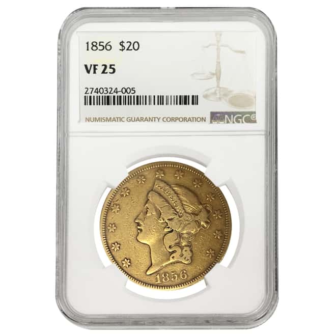 1856 $20 Liberty Head Double Eagle Gold Coin NGC VF 25