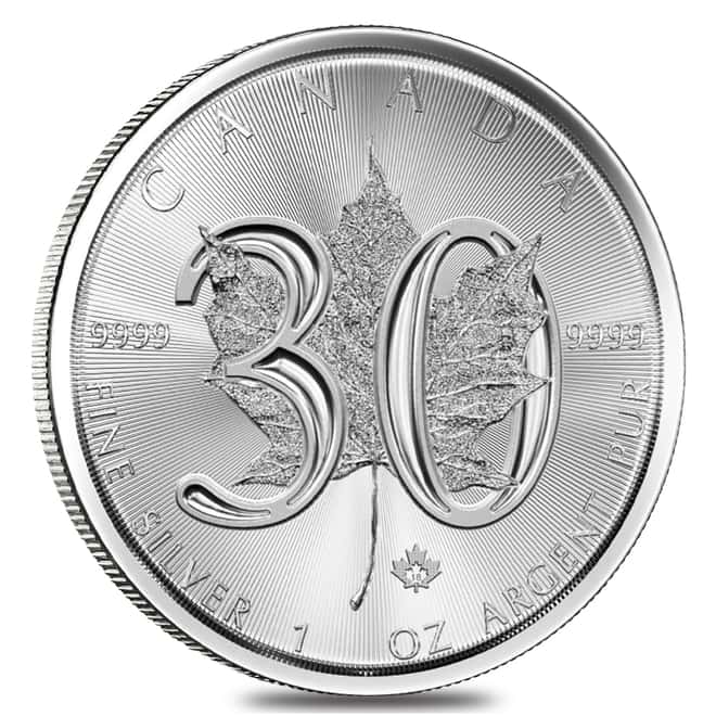 2018 1 oz Silver Canadian Maple Leaf 30th Anniversary .9999 Fine $5 Coin BU