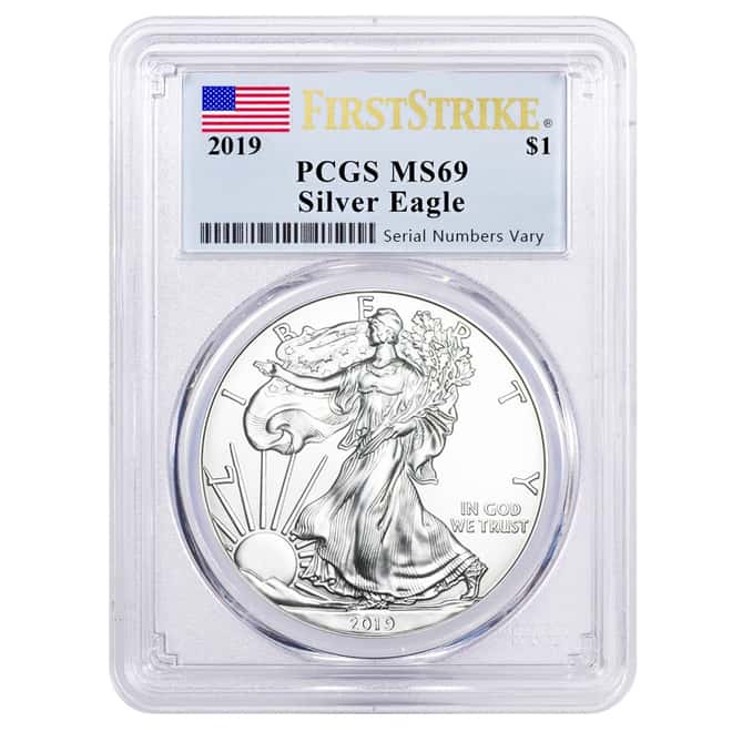 2019 1 oz Silver American Eagle $1 Coin PCGS MS 69 First Strike (Flag Label)