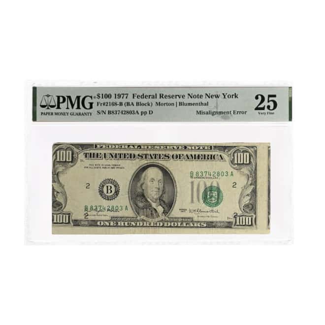 1977 $100 Federal Reserve Currency Note New York PMG VF 25 Misaligned