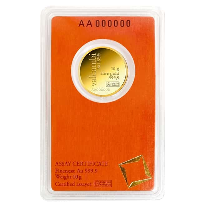 10 gram Gold Round Valcambi Suisse .9999 Fine (In Assay)