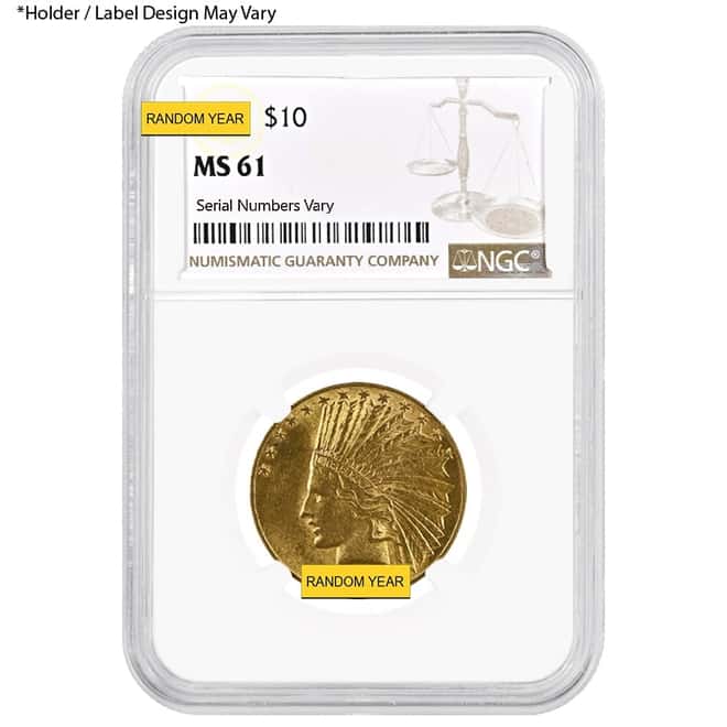 $10 Indian Head Gold Eagle NGC MS 61 (Random Year)
