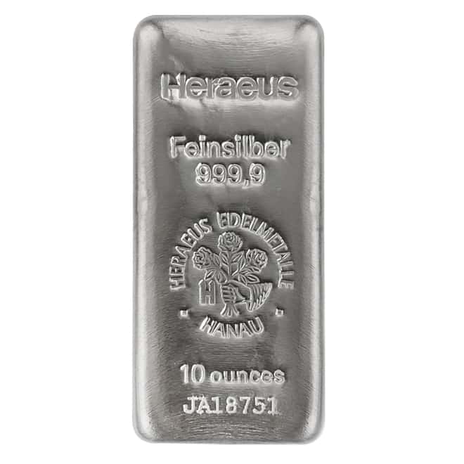 Lot of 5 - 10 oz Heraeus Silver Bar .9999 Fine (w/COA)